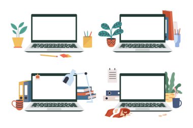 Boş dizüstü bilgisayar maketi şablonu seti. Ofis masası dizüstü bilgisayar ve diğer kullanışlı nesnelerle dolu. Düz vektör çizimi beyaz arkaplanda izole edildi