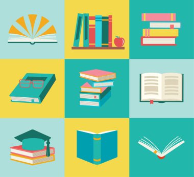 Bir kitap çizimi seti. Kitap biriktirip, eğitim ve öğrenim için kitap okuyordum. Düz vektör nesne çizimi.