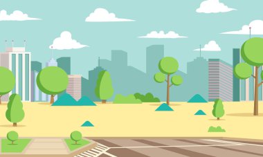 Ufukta ağaçlar ve gökdelen olan şehir parkı manzarası. Açık kamusal alana sahip yeşil şehir kavramı.
