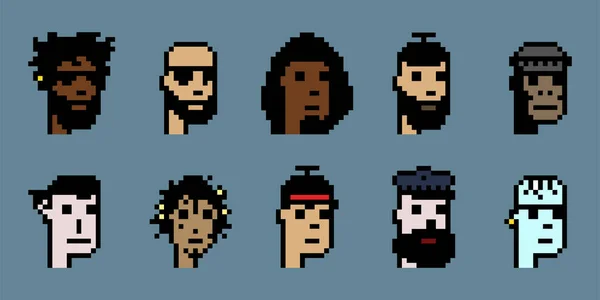 Cryptopunk NFT koleksiyonu 1. Özel 24x24 piksel oyun varlığı. Gri arkaplanda izole edilmiş blok zinciri 8-bit vektör retro sanatı