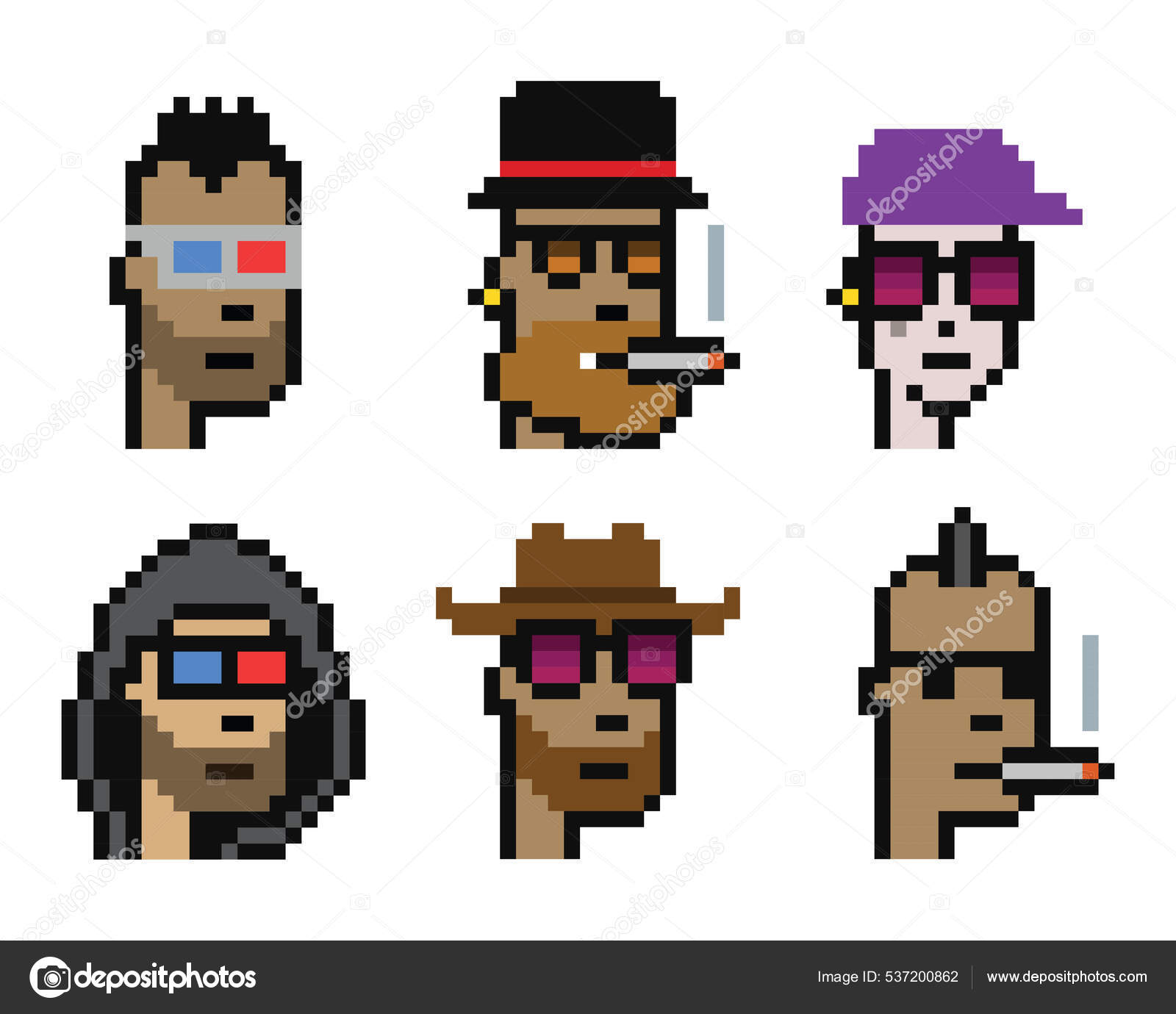 Cryptopunk Nft 24ピクセルイラストのセット ブロックチェーンベースのデジタル8ビットレトロパンクゲームアート 白い背景のフラットベクトル イラストコレクション ストックベクター ©MininyxDoodle 537200862