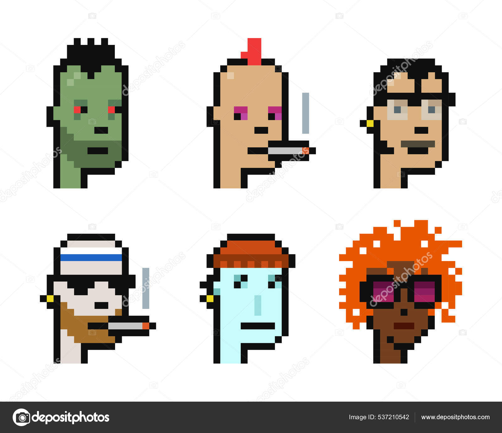 Cryptopunk Nftコレクション 様々な8ビットレトロピクセルアート文字 ゾンビ パンク エイリアンのゲーム資産 白い背景のフラットベクトル イラスト ストックベクター ©MininyxDoodle 537210542