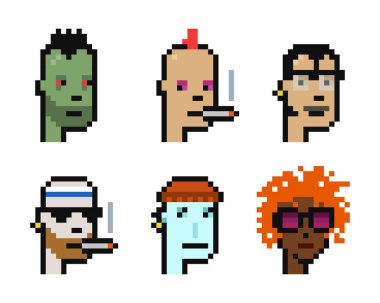 Cryptopunk NFT collection. Various 8 bit retro pixel art character. Zombie, punk, human, and alien game assets. Flat vector illustration on white background clipart