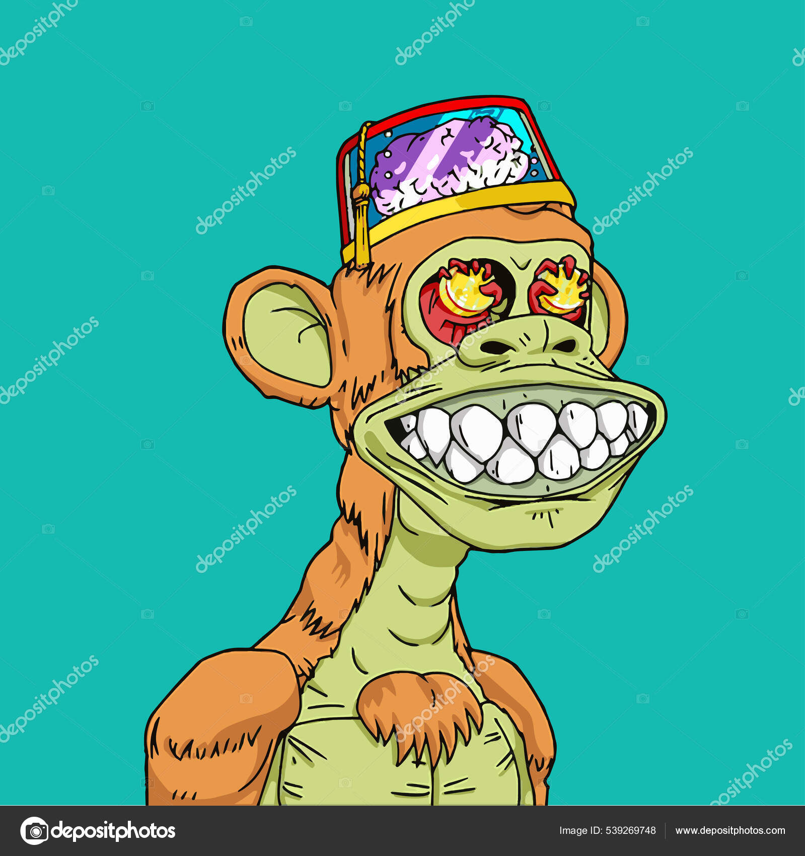 コイン目と露出した紫色の脳のNftアートワークを持つ突然変異型猿 退屈な猿のベクトル図 ストックベクター ©MininyxDoodle  539269748