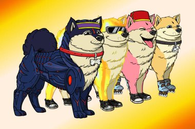 Shiba inu köpek grupları sıkılmış maymun kulübüyle NFT sanatından. BAYC Köpek koleksiyonu, altın gradyan arka planda izole edilmiş.