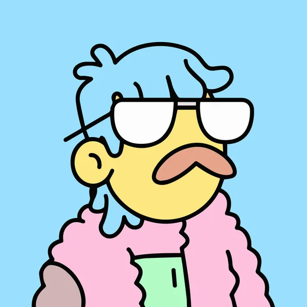 Doodles Character Yellow Man Moustache Blue Hair Wearing Pink Fleece — Stock Vector