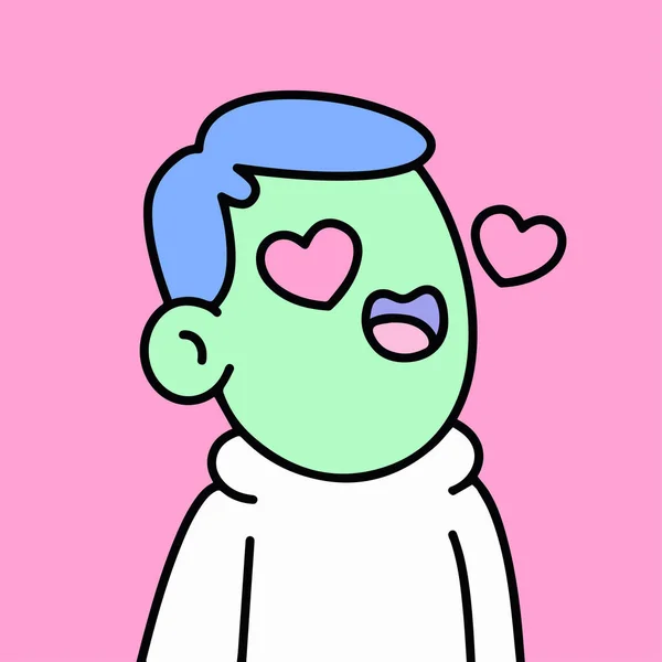Doodles Χαρακτήρα Πράσινο Πρόσωπο Στην Αγάπη Την Καρδιά Για Μάτια — Διανυσματικό Αρχείο