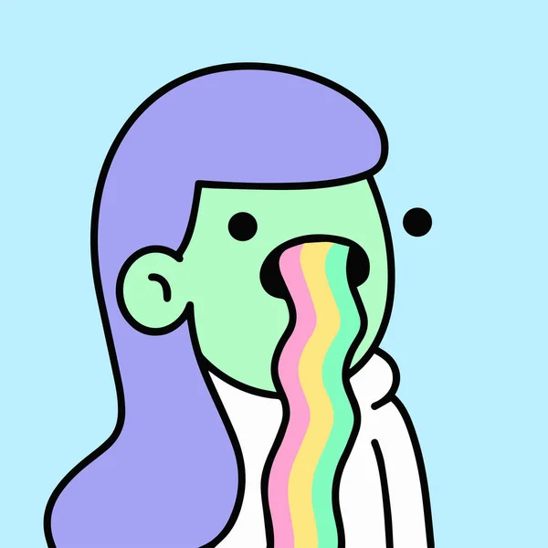 Personaje Doodles Mujer Verde Con Pelo Morado Vomitando Arco Iris — Vector de stock