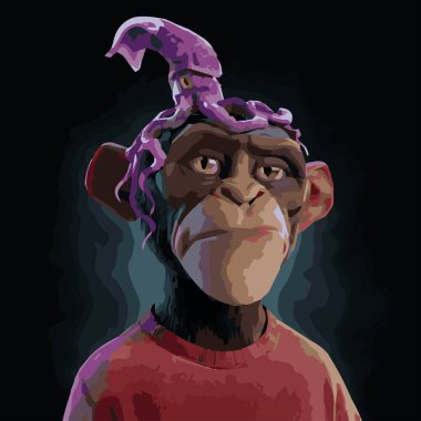 Ana maymun gezegeni NFT. Kafasında mor mürekkep balığı olan kırmızı elbiseli bir maymun. Sıkıcı maymun yat kulübü 3 boyutlu vektör illüstrasyonu 