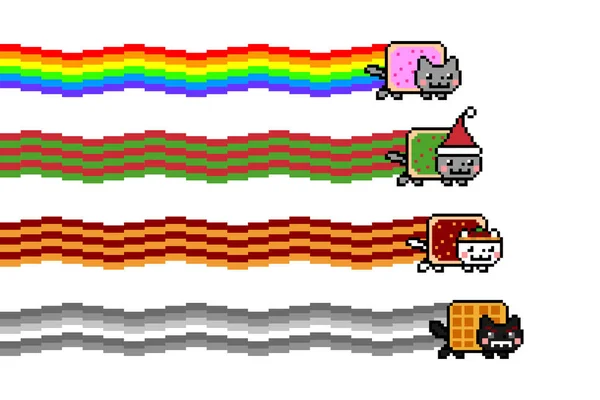 Space Cat Rainbow Nft Meme Collection Set Colorful Bit Pixel — Stockový vektor