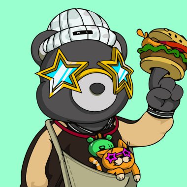 Gret phanta bear holding burger wearing brown hoodie and white beanie NFT art. Swag bear vector illustration