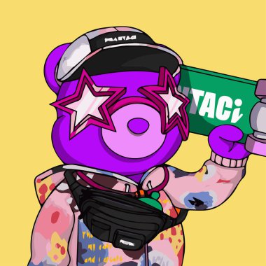 purple phanta bear skateboarder holding green skate board wearing pink hoodie and cap NFT art. Swag bear vector illustration
