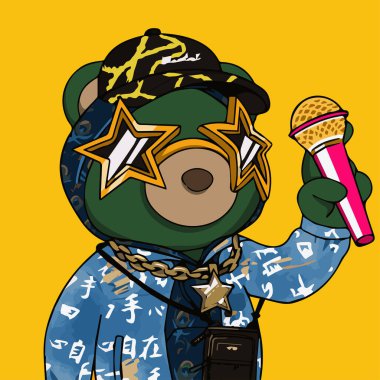 Green phanta bear rapper holding microphone wearing blue hoodie and cap NFT art. Swag bear vector illustration