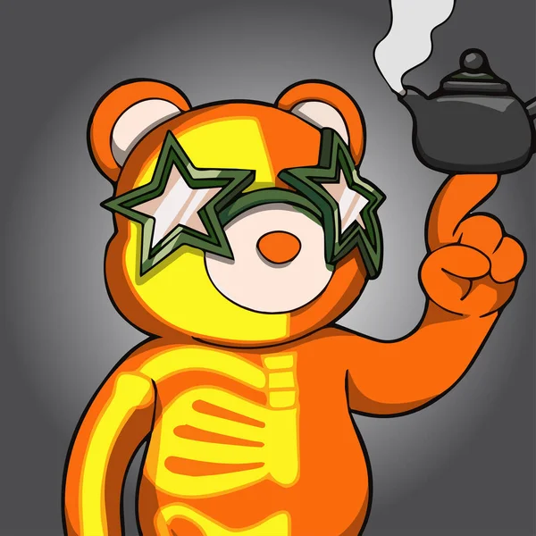 Orange Ray Phanta Bear Holding Tea Pot Green Star Glasses — Stock Vector