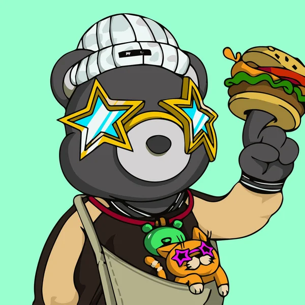 Gret Phanta Bear Holding Burger Wearing Brown Hoodie White Beanie — стоковый вектор