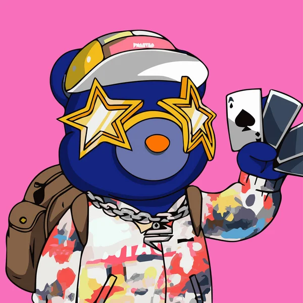 Blue Phanta Bear Magician Holding Cards Wearing Colorful Hoodie Cap — Stockvektor