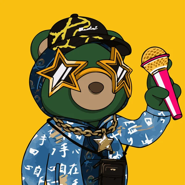 Green Phanta Bear Rapper Holding Microphone Wearing Blue Hoodie Cap — стоковый вектор