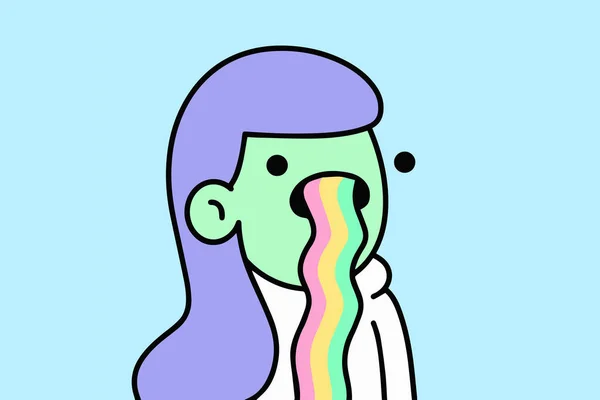 Doodles Green Woman Character Purple Hair Vomiting Rainbow Nft Art — Foto Stock