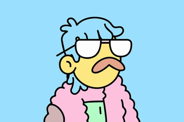 Doodles Yellow Character Moustache Blue Hair Wearing Pink Fleece Nft — стоковое фото