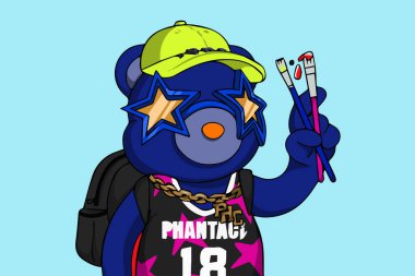 Blue phanta bear artist holding brushes wearing black shirt and lime  cap NFT art illustration