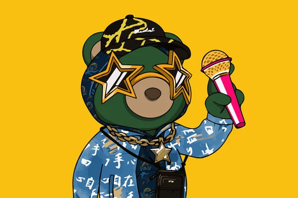 Green phanta bear rapper holding microphone wearing blue hoodie and cap NFT art llustration
