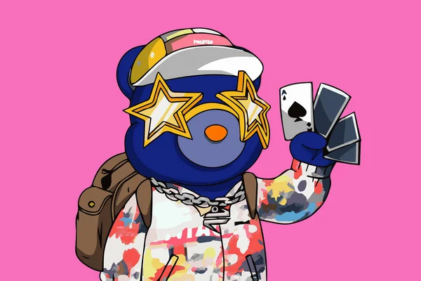 Blue Phanta Bear Magician Holding Cards Wearing Colorful Hoodie Cap — Stockfoto