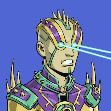 Metahero universe character strobe  NFT artwork. Comic super villain alien robot firing laser vector illustration