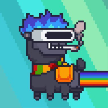 Alpacadabra siyah nyan alpaka piksel sanat NFT. VR kulaklık takan ve gökkuşağı çizimi yapan 8 bit fantezi hayvanı