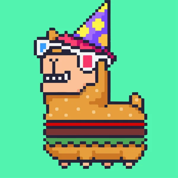 Alpacadabra burger alpaca pixel art NFT. 8 bit fast food animal wearing party hat and 3d glasses flat illustration