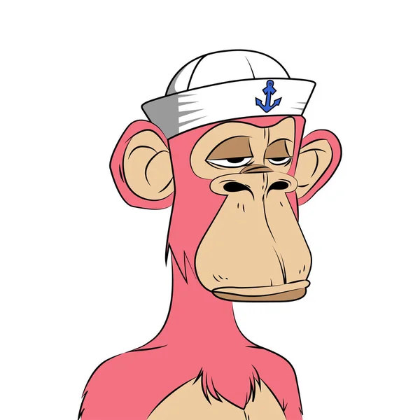白い背景に隔離された水夫の帽子Nftアートと退屈猿ヨットクラブピンクの猿 仮想イラスト アートワーク オンラインオークションや取引のためのグッズ 暗号ビジネスのためのNftの購入 — ストックベクタ