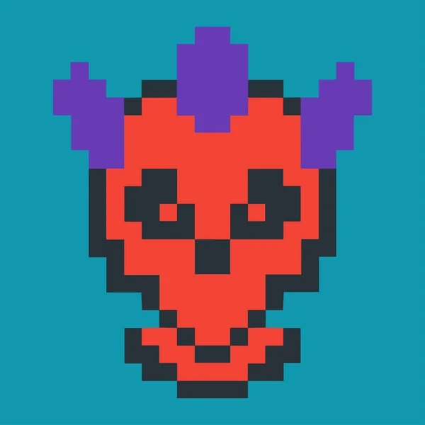 隐颅骨Nft 红色海盗头盖骨与紫色头发插图 用于游戏和动画的8位像素的艺术精灵 矢量绘图 — 图库矢量图片