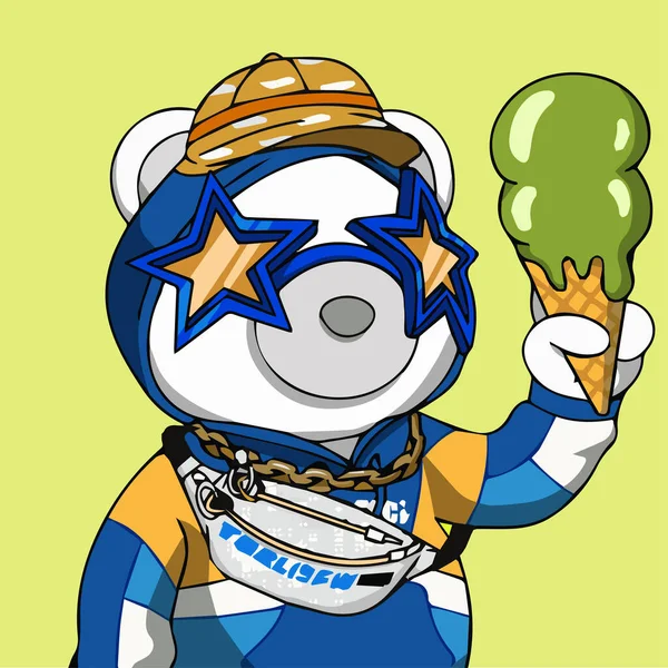 Белый Фанта Медведь Синих Звездных Очках Держит Зеленое Мороженое Маття — стоковый вектор