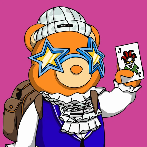 Orangefarbener Phantabär Mit Sternenbrille Und Jokerkarte Swag Bear Portrait Avatar — Stockvektor