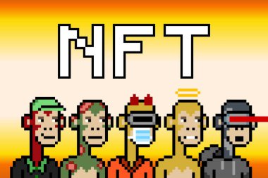 Kriptobantlar NFT koleksiyonu seti. Sıkıcı maymun 16 bit pikselli sanat illüstrasyonu haber başlığı için altın gradyan arka plan, makale başlığı. Blockchain tabanlı sanat