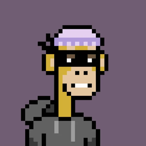 暗号文字Nftの変種 泥棒マスク 黒パーカーと紫の帽子のベクトルイラストアートワークを身に着けている退屈猿 — ストックベクタ