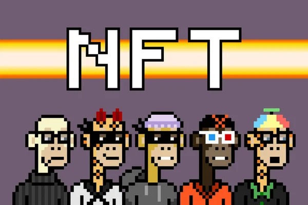 Kriptobantlar NFT koleksiyonu seti. Sıkıcı maymun 16 bit piksel resim illüstrasyonu haber afişi, başlık. Blockchain tabanlı sanat