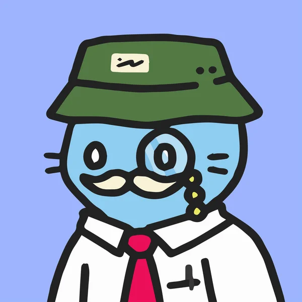 基本的なクールな猫Nftアートワークバリアント オフィスの衣装と緑の帽子のベクトルイラストと青猫 ブロックチェーンベースのアート — ストックベクタ