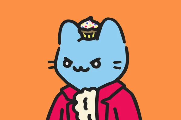 酷猫Nft艺术品变体 蓝色凶猛的猫 带有粉色复古服装插图 基于锁链的艺术 — 图库照片