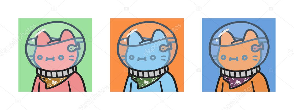 Cool cats NFT Artwork variant collection. Cat inside fish bowl vector illustration. Blockchain based art.