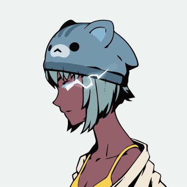 NFT karakterli şapka takan Azuki kızı. Anime stili karakter portresi çizimi. Metaverse avatar