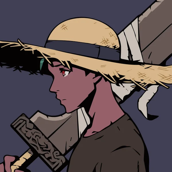 阿佐木男孩戴着草帽和大剑人物Nft艺术品 模拟风格的人物肖像矢量绘图 变形金刚 — 图库矢量图片