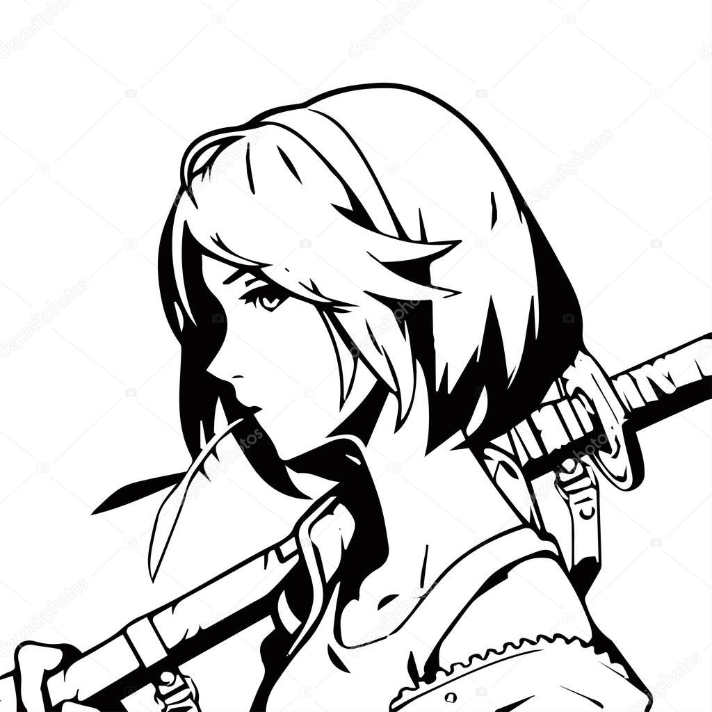 Azuki girl with sword comic NFT artwork. Black and white line art anime style portrait vector drawing. Character coloring sheet template