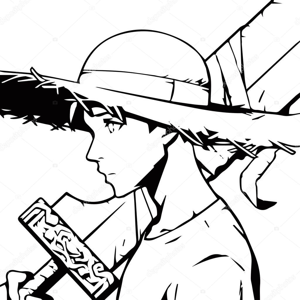Azuki boy with straw hat and big sword comic NFT artwork. Black and white line art anime style portrait vector drawing. Character coloring sheet template