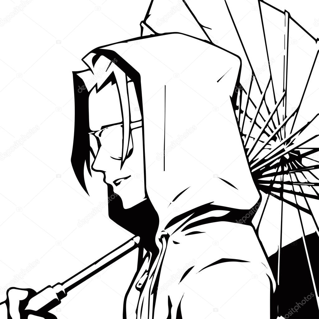 Azuki man with umbrella comic NFT artwork. Black and white line art anime style portrait vector drawing. Character coloring sheet template