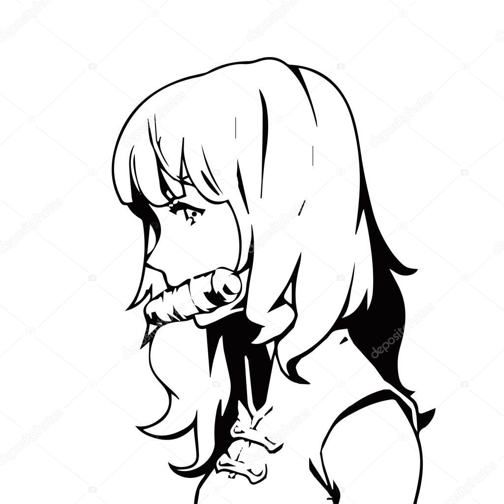 Azuki comic NFT artwork. Black and white line art anime style portrait vector drawing. Character coloring sheet template