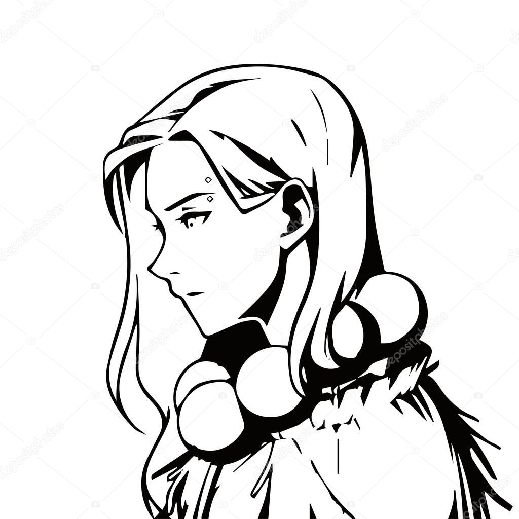 Azuki comic NFT artwork. Black and white line art anime style portrait vector drawing. Character coloring sheet template