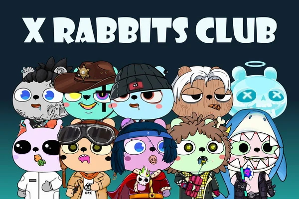 Rabbits Club Nft Character Art Set Группа Портретов Кроликов Аватары — стоковый вектор