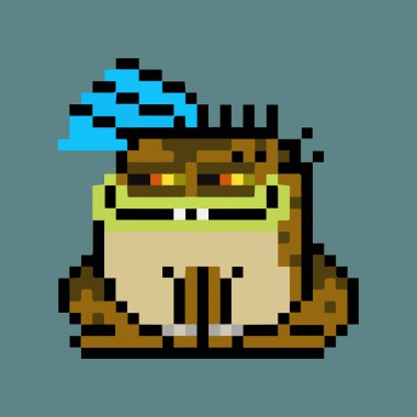 Kriptoadz hayvan karakteri NFT sanat eseri varyantı. Retro 8 bit zehirli kurbağa mavi pelerin resimli. Kostüm çizimi olan bir kurbağa. Blokzincirleme vektör tabanlı sanat koleksiyonları