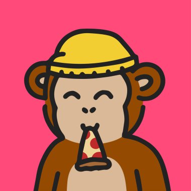 Havalı keşiş yaratılış karakteri NFT sanat varyantı. Maymun pizza yiyor. Çizgi film çizimi. renkli maymun vektör çizimi