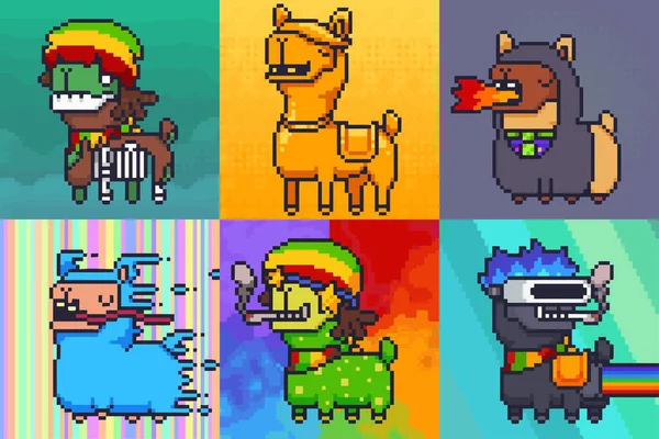 Alpacadabra NFT koleksiyonu seti. Video oyunu için 8 bit retro alpaka perisi. Engelleme zinciri tabanlı piksel resim çizimi. 